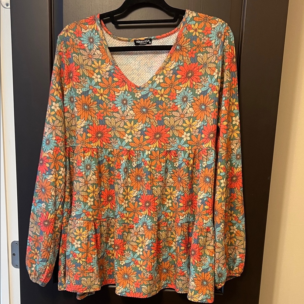 Heimish USA Vibrant Floral V-Neck Blouse - Orange and Blue